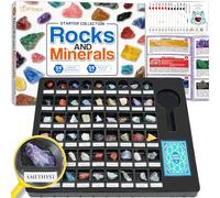 PIBEX Rock Collection Kit de démarrage - 54 pièces assorties de pierres précieuses, cristaux, roches et minéraux, avec livre d'apprentissage et cartes d'identité, kit de sciences de la terre, un