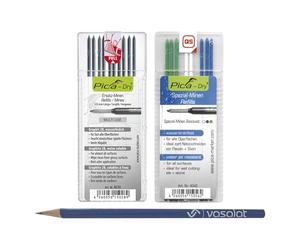 Pica Dry Lot de 10 mines de rechange graphite 2B multi-usage et 8 mines de rechange résistantes aux jets d'eau en bleu/blanc/vert