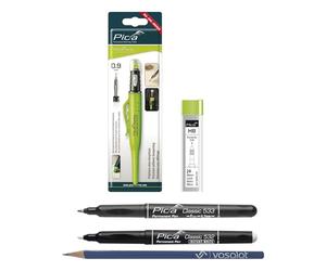 Pica Lot de 24 marqueurs Pica Fine Dry 0,9 + 24 mines de rechange graphite HB + marqueur permanent 0,7 noir + marqueur permanent blanc