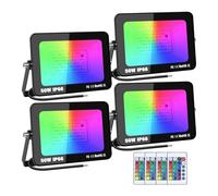PICAA Projecteur LED extérieur de sécurité, 50W RGB changeant de couleur avec télécommande IP66 étanche à intensité variable, applique murale pour scène de fête de jardin (4 paquet)