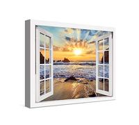 PICANOVA - Photo sur Toile Coucher de Soleil sur la Plage Rocheuse Fenêtre 40x30cm - Impression sur Toile Haut de Gamme - Image sur Toile pour Décoration Murale Moderne - La Collection Des Plages