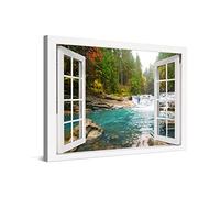 PICANOVA - Photo sur Toile Forêt Rivière Chûte d'Eau Fenêtre 120x80cm - Impression sur Toile Haut de Gamme - Image sur Toile pour Décoration Murale Moderne - La Collection Forêt