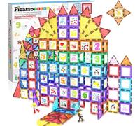 PicassoTiles 121pc Master Builder Magnetic Building Block Construction Set Blocs de tuiles aimantées avec Camion de Voiture, 2 Figurines d'action de caractère, 28 Animaux de l'alphabet éducatif