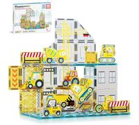 PicassoTiles Carreaux magnétiques PTQ11 - Blocs de construction magnétiques avec 8 véhicules de chantier, manivelle, pelleteuse, bulldozer, rouleau de route, bétonnière, tracteur, camion à benne
