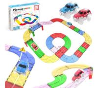 PicassoTiles Jeu de Pistes de Course magnétiques pour Tout-Petits - Blocs de Construction magnétiques - Carreaux - Jouets sensoriels pour Enfants - Comprend 2 camions STEM - S'engagent dans des