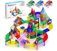 PicassoTiles Lot de 128 pistes de course magnétiques pour voiture - Blocs de construction magnétiques - Jouets sensoriels pour enfants - Comprend 3 voitures LED STEM Engage dans les courses de