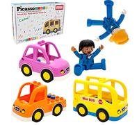 PicassoTiles Lot de 5 Figurines magnétiques pour véhicule et Action Comprenant Bus Scolaire, Voiture, Camion et 2 Drivers - Kit d'extension magnétique pour Tout-Petit - Kit de Jeu pour Bloc de