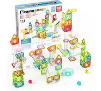PicassoTiles Lot de 60 blocs de construction magnétiques - Taille de voyage - Jouet STEM - Mini Diamond Marbre RaceTrack - Pour garçon et fille