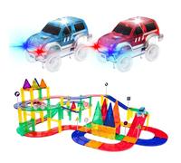 PicassoTiles Lot de 80 Blocs de Construction éducatifs en Forme de Voiture de Course avec aimants et 2 Lampes Lumineuses - pour Apprendre la Coordination œil-Main et la motricité Fine