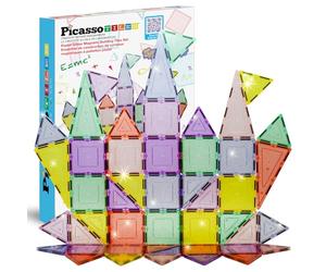 PicassoTiles PTJ48 Lot de 48 Blocs magnétiques avec Blocs de Construction magnétiques et Flocons de Feuilles réfléchissants, Jouets de Construction magnétiques STEM