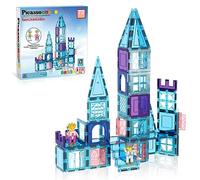 PicasssoTiles Kit de construction magnétique 72 pièces Tiles Castle Winter Ice Theme Construction Bloc magnétique avec Princess Prince Character Stairs Windows Doors STEM Learning Educational Toy Kids