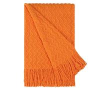 PICCOCASA Couverture Plaid Lit pour Canapé en Tricot 100% Acrylique Frange Solide Légère Orange