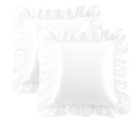 PiccoCasa Lot de 2 housses de coussin en satin avec volants romantiques - Uni lisse et brillant - Avec fermeture à rabat - Blanc - 40 x 40 cm