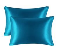 PiccoCasa Lot de 2 taies d'oreiller en Satin de Soie pour Cheveux et Peau, avec Fermeture éclair, taies d'oreiller Douces 35 x 50 cm, Bleu Paon