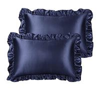 PiccoCasa Lot de 2 taies d'oreiller en Satin pour Cheveux et Peau, Housse de Coussin rétro Soyeuse avec Volants de Luxe et Fermeture à enveloppe, Bleu Marine, 50 x 65 cm