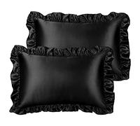 PiccoCasa Lot de 2 taies d'oreiller en Satin pour Cheveux et Peau, Housse de Coussin rétro Soyeuse avec Volants de Luxe et Fermeture à enveloppe, 50 x 75 cm, Noir