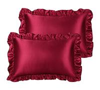 PiccoCasa Lot de 2 taies d'oreiller en Satin pour Cheveux et Peau, Housse de Coussin rétro Soyeuse avec Volants de Luxe et Fermeture à enveloppe, Bordeaux 50 x 75 cm