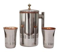Pichet à eau en acier inoxydable et cuivre pur avec 2 gobelets assortis pour la santé ayurveda (bouton en laiton avec verre long)