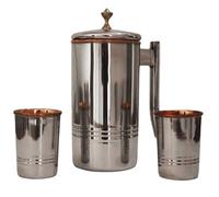 Pichet à eau en acier inoxydable et cuivre pur avec 2 gobelets assortis pour la santé ayurveda (doublure inférieure avec bouton en laiton)