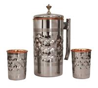 Pichet à eau en acier inoxydable et cuivre pur avec 2 gobelets assortis pour les bienfaits de la santé ayurveda (motif diamant)