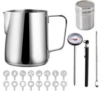Pichet à lait 600 ml, mousseur à lait en acier inoxydable avec thermomètre, shaker à poudre, stylo à café, 16 pochoirs pour la fabrication de latte, cappuccino