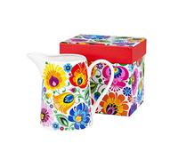Pichet à lait floral Mietek pour café, thé, lait avec motifs d'art populaire polonais aux couleurs vives, bel accessoire de table de cuisine et de salle à manger souvenir de Pologne (porcelaine, Blanc