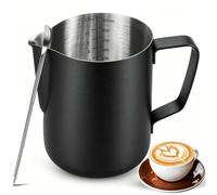 Pichet à lait moussant en acier inoxydable avec stylo Latte Art, avec mesures internes, pour cappuccino, expresso et plus encore 350 ml-Noir