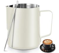 Pichet à lait moussant en acier inoxydable avec stylo Latte Art, avec mesures internes, pour cappuccino, expresso et plus encore - Blanc - 350 ml
