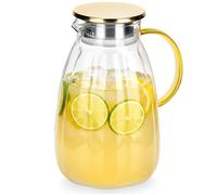 Pichet de 2,2 litres - Verre épais avec couvercle - 17 x 13 x 22,5 cm - Transparent avec poignée jaune