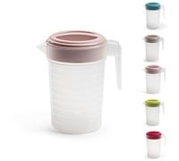 Pichet de réfrigérateur fin en plastique de 2 L avec couvercle | Pichet à eau sans BPA avec bec verseur et poignée | Récipient de rangement pour jus de fruits, lait et boissons (couvercle rose)