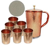 Pichet en cuivre avec poignée en cuivre et 6 gobelets, récipient pur 100% martelé, pichet en cuivre résistant, fait à la main, 54 fl. oz, meilleur pour l'eau, ayurveda, moscow mule, cocktails