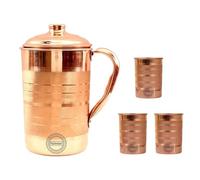Pichet en cuivre fait main avec 3 verres pour l'eau potable, touche argentée, pour les bienfaits de l'Ayurveda, pichet traditionnel en cuivre pour boire, 1,5 litre, 50,7 oz