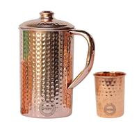 Pichet en cuivre pur avec 1 gobelet pour les bienfaits ayurvédiques pour la santé Pichet à eau en cuivre martelé artisanal de 1,5 litre avec 1 tasse
