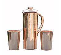 Pichet en cuivre pur avec 2 verres brillants de 1 l (33,8 US Fl Oz), non doublé, non revêtu et non laqué pour les bienfaits ayurvédiques pour la santé ayurvédique