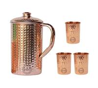 Pichet en cuivre pur avec 3 gobelets pour les bienfaits ayurvédiques pour la santé Pichet à eau en cuivre martelé artisanal de 1,5 litre avec 3 tasses