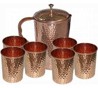 Pichet en cuivre pur martelé avec couvercle pour bienfaits pour la santé avec 6 verres à eau 1,5 L 1 carafe 6 verres