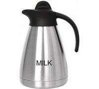 Olympia Pichet isotherme avec inscription "Milk" et couvercle à vis, 1000 ml/ 35 oz, en acier inoxydable avec dessus noir, lait imprimé sur le côté, isolé pour rester frais plus longtemps, CL372