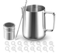 Pichet Lait Inox 350ml (12 oz) avec Graduations, Mousseur à Chocolat, 16 Pochoirs pour Latte Art & Stylet, Pichet inox pour Cappuccino, Espresso et Latte - Idéal pour les Amateurs de Café, Argenté