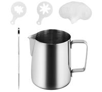 Pichet mousseur à lait en métal de 350 ml avec stylo Latte Art et 16 pochoirs à café en plastique, pichet vapeur à lait en acier inoxydable 304 avec lignes de mesure intérieures, pichet à mousse de