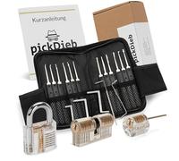 pickDieb - Kit de crochetage 26 pièces avec 3 serrures d'exercice transparentes + couvercles et instructions | Cylindre de serrure en métal | Kit de crochetage pour débutants et confirmés