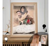 Pictalia - Miroir Cadre Photo Lumineux personnalisé spécial couple avec photo et texte brush, cadeau couple, Saint-Valentin, Amoureux, cadre photo bois, décoration, texte personnalisable