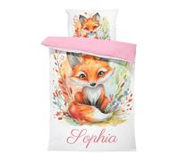 Pictogogo Ensemble de Parure de Lit Personnalisable avec Nom pour Bébé et Enfant - Animaux, Housse de Couette Zippée et Taie d'oreiller Incluses - Cadeau Unique (Renard 2, 140 x 200)