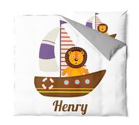 Pictogogo Ensemble de Parure de Lit Personnalisable avec Nom pour Bébé et Enfant - Animaux, Housse de Couette Zippée et Taie d'oreiller Incluses - Cadeau Unique (Bateau, 80 x 120)
