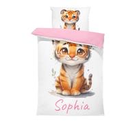 Pictogogo Ensemble de Parure de Lit Personnalisable avec Nom pour Bébé et Enfant - Animaux, Housse de Couette Zippée et Taie d'oreiller Incluses - Cadeau Unique (Tigre, 100 x 135)