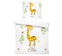 Pictogogo Ensemble de Parure de Lit Personnalisable avec Nom pour Bébé et Enfant - Animaux, Housse de Couette Zippée et Taie d'oreiller Incluses - Cadeau Unique (Girafe 2, 80 x 120)