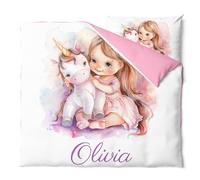 Pictogogo Ensemble de Parure de Lit Personnalisable avec Nom pour Bébé et Enfant - Animaux, Housse de Couette Zippée et Taie d'oreiller Incluses - Cadeau Unique (Licorne avec Fille 2, 80 x 120)