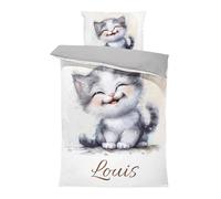 Pictogogo Ensemble de Parure de Lit Personnalisable avec Nom pour Bébé et Enfant - Animaux, Housse de Couette Zippée et Taie d'oreiller Incluses - Cadeau Unique (Chat Mignon, 140 x 200)