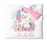 Pictogogo Ensemble de Parure de Lit Personnalisable avec Nom pour Bébé et Enfant - Animaux, Housse de Couette Zippée et Taie d'oreiller Incluses - Cadeau Unique (Licorne Aquarelle 2, 80 x 120)