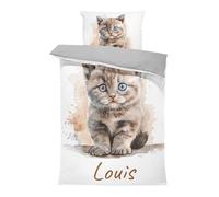 Pictogogo Ensemble de Parure de Lit Personnalisable avec Nom pour Bébé et Enfant - Animaux, Housse de Couette Zippée et Taie d'oreiller Incluses - Cadeau Unique (Chat, 100 x 135)