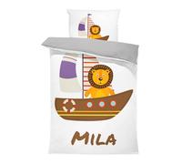 Pictogogo Ensemble de Parure de Lit Personnalisable avec Nom pour Bébé et Enfant - Animaux, Housse de Couette Zippée et Taie d'oreiller Incluses - Cadeau Unique (Bateau, 100 x 135)
